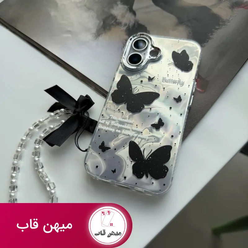 قاب گوشی آیفون black butterfly همراه با آویز پاپیون مشکی
