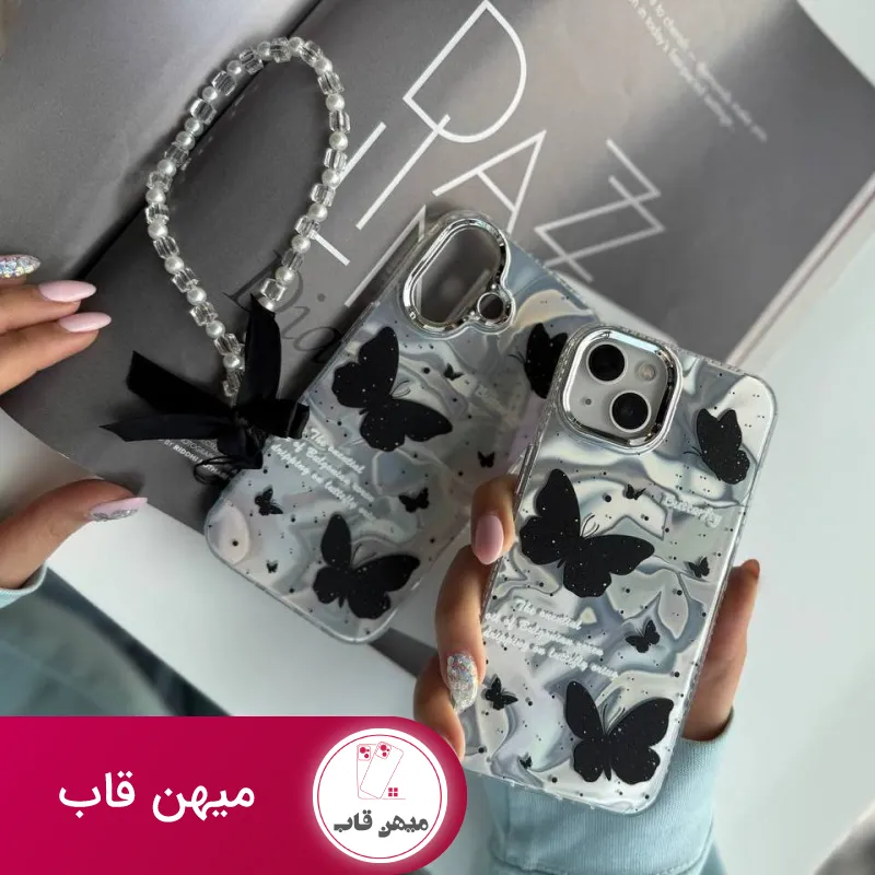 قاب گوشی آیفون black butterfly همراه با آویز پاپیون مشکی