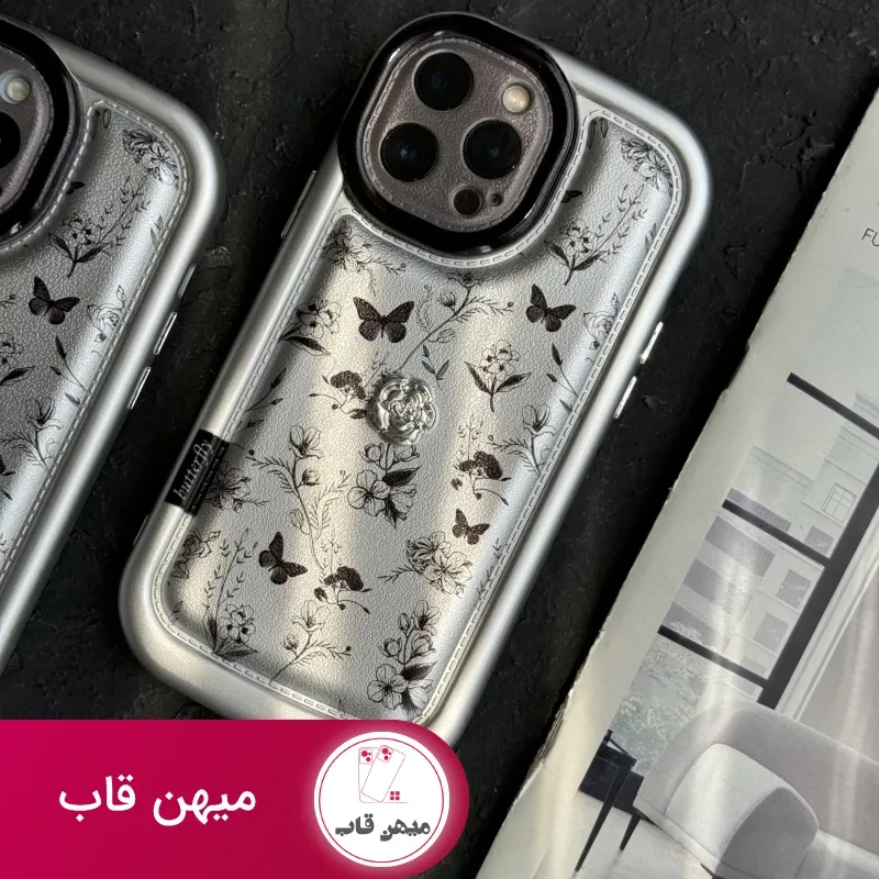قاب موبایل آیفون پروانه و گل ریز نقره ای