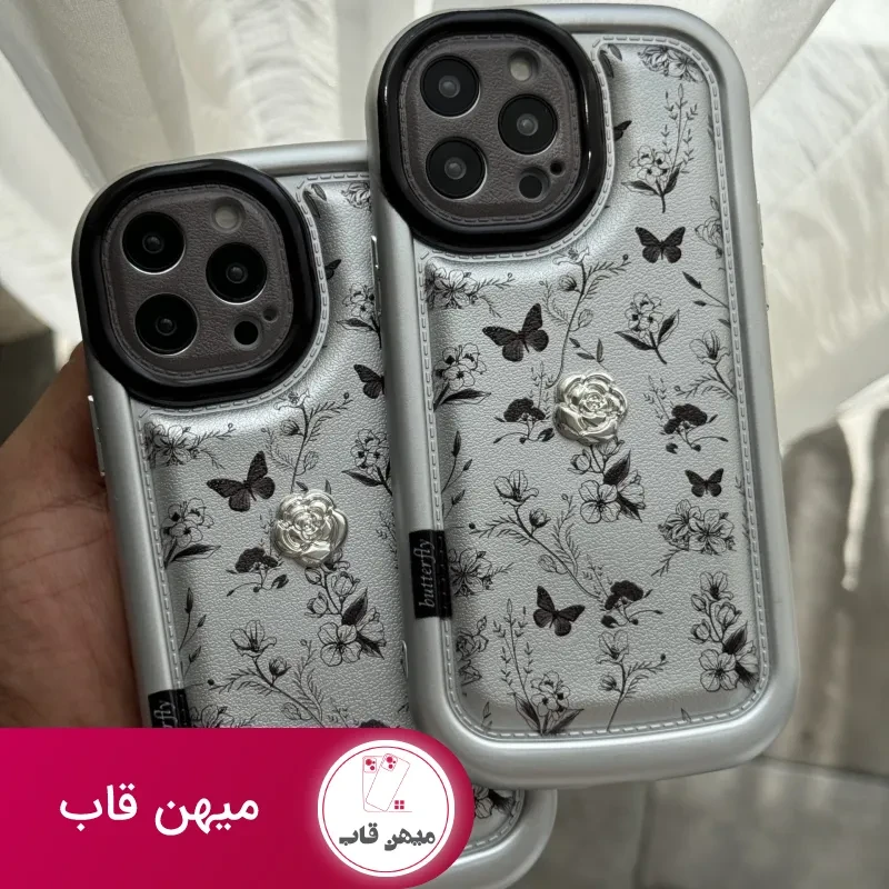 قاب موبایل آیفون پروانه و گل ریز نقره ای