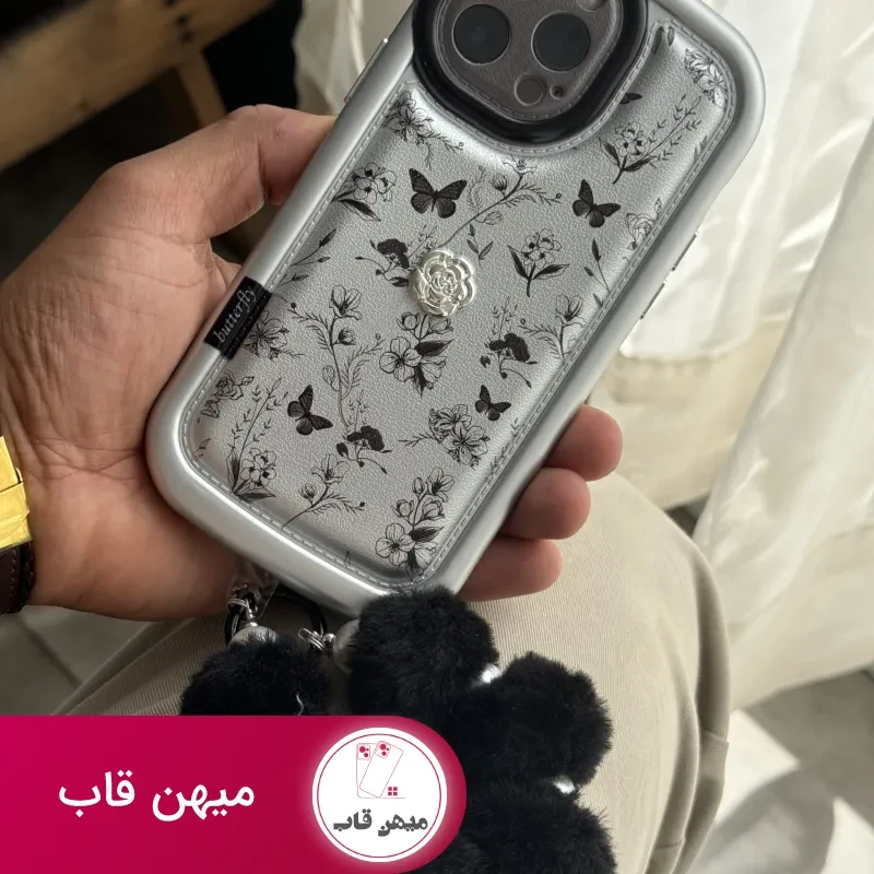 قاب موبایل آیفون پروانه و گل ریز نقره ای