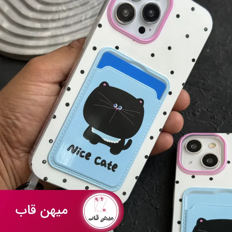 قاب موبایل آیفون گربه نایس کت جاکارتی دار بندی