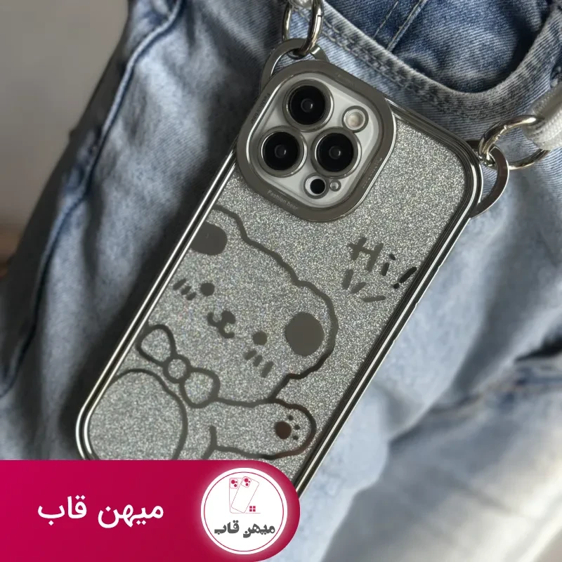 قاب موبایل سلام خرسی شاینی نقره ای + بند بلند آویز