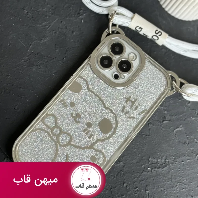 قاب موبایل سلام خرسی شاینی نقره ای + بند بلند آویز