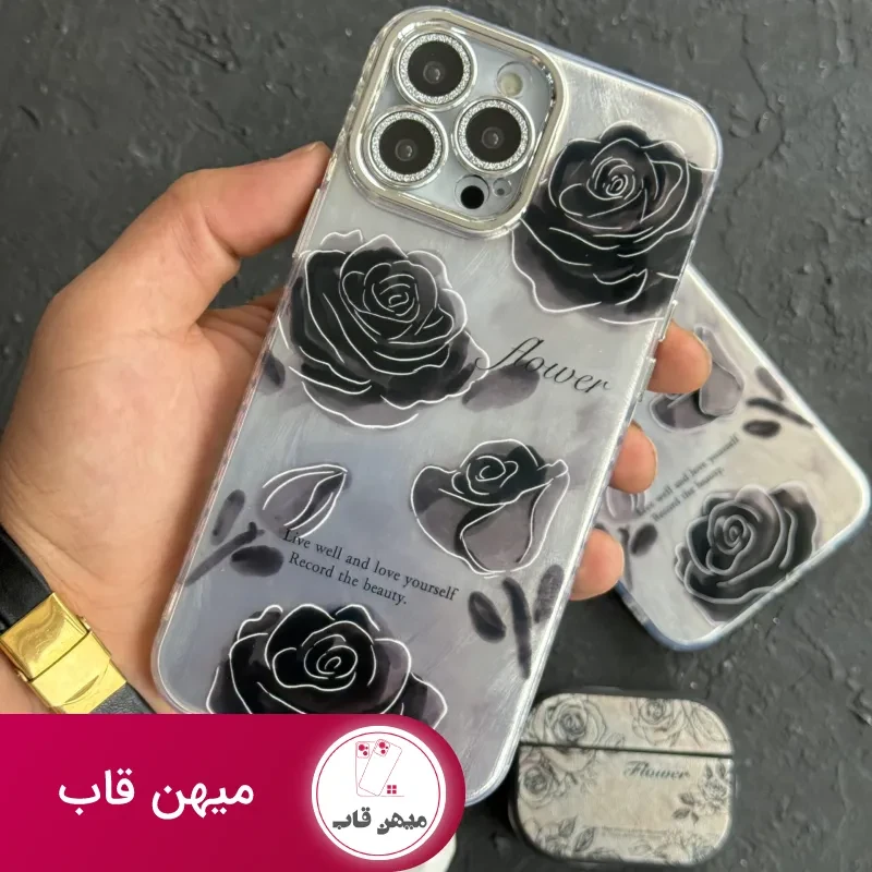 قاب موبایل آیفون گل شب محافظ لنز نگین دار