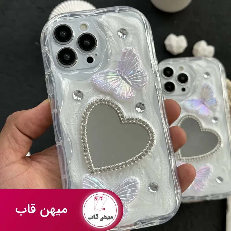 قاب موبایل آیفون آیینه قلبی پروانه برجسته