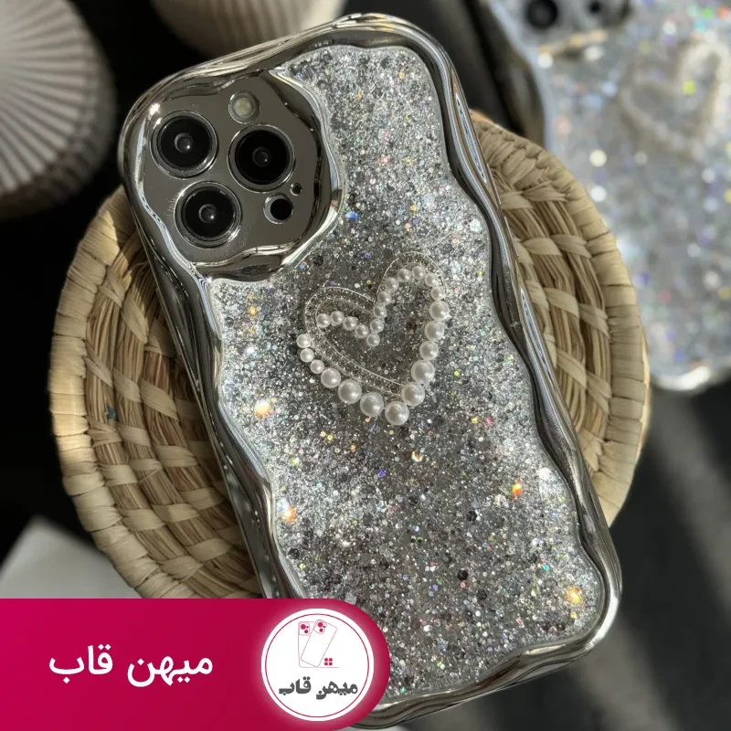 قاب موبایل آیفون پولکی نقره ای قلب مروارید برجسته