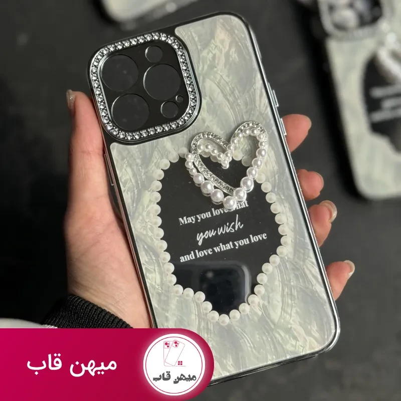 قاب موبایل آیفون قلب رمانتیک آیینه ای نگین دار