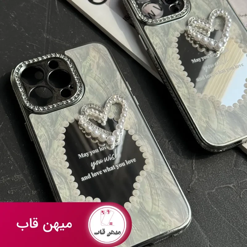 قاب موبایل آیفون قلب رمانتیک آیینه ای نگین دار