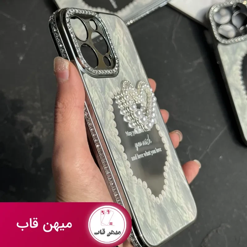 قاب موبایل آیفون قلب رمانتیک آیینه ای نگین دار