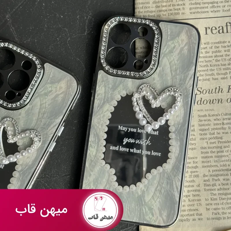 قاب موبایل آیفون قلب رمانتیک آیینه ای نگین دار