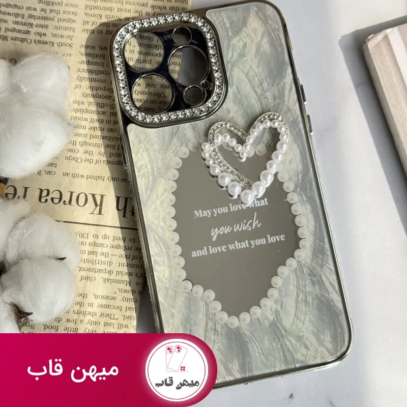 قاب موبایل آیفون قلب رمانتیک آیینه ای نگین دار