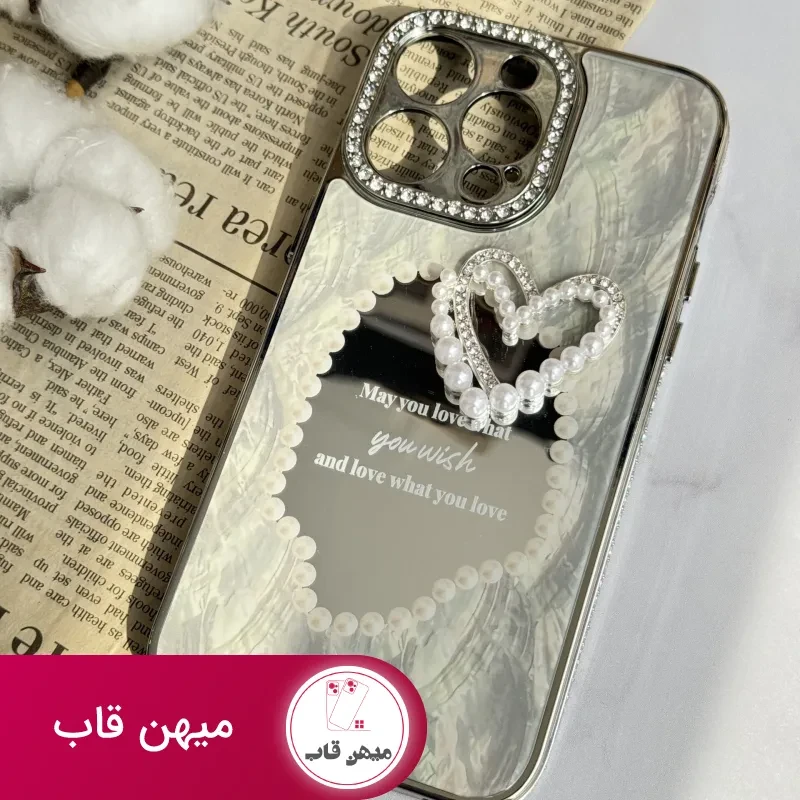 قاب موبایل آیفون قلب رمانتیک آیینه ای نگین دار