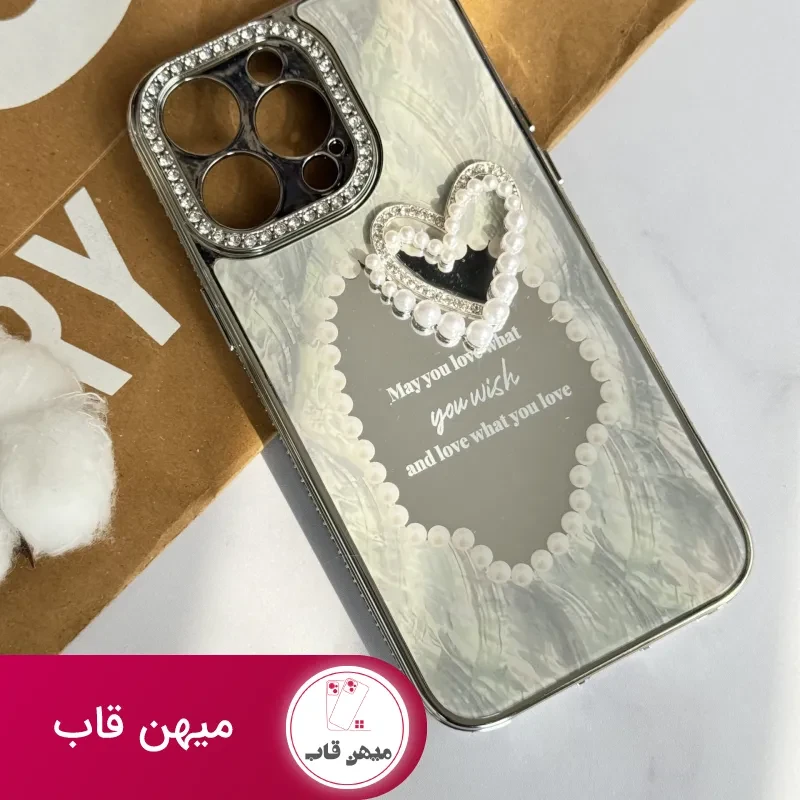 قاب موبایل آیفون قلب رمانتیک آیینه ای نگین دار