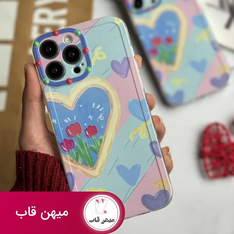 قاب موبایل آیفون نقاشی کودک درون قلبی آبی بنفش محافظ لنزدار