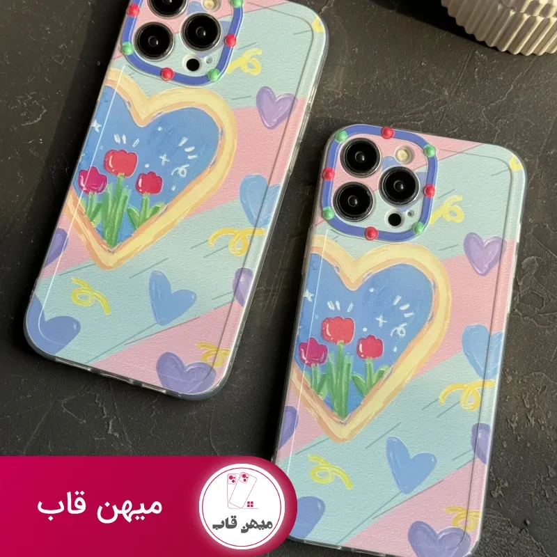 قاب موبایل آیفون نقاشی کودک درون قلبی آبی بنفش محافظ لنزدار