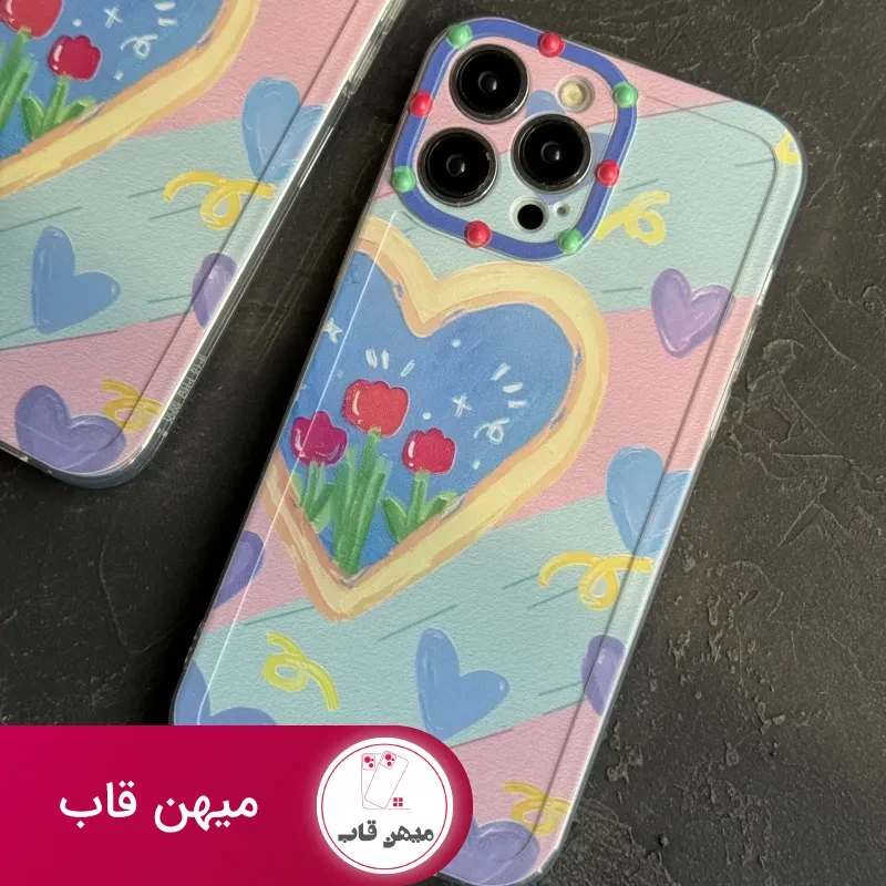 قاب موبایل آیفون نقاشی کودک درون قلبی آبی بنفش محافظ لنزدار