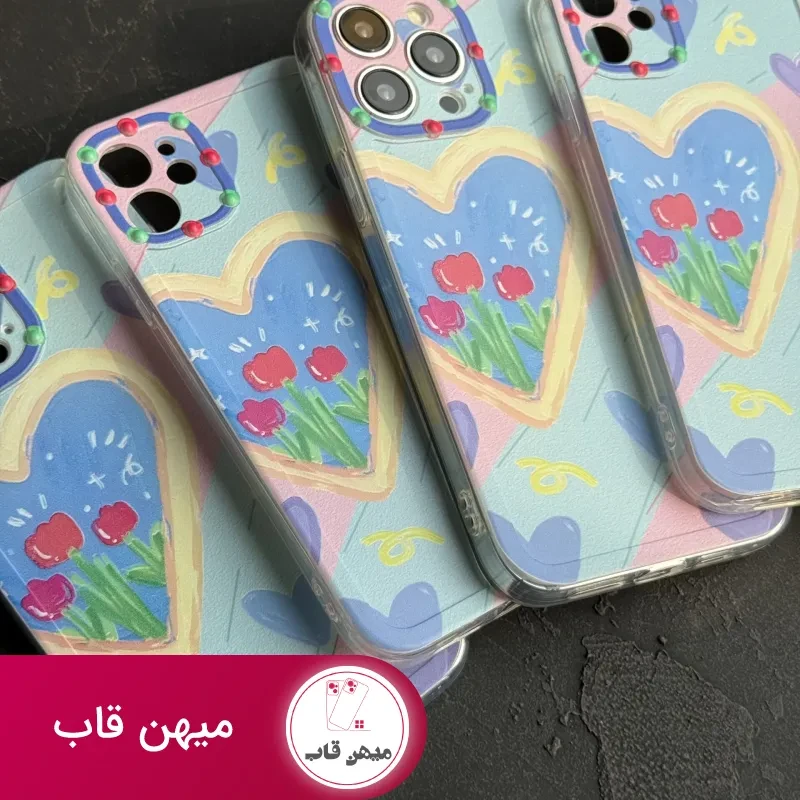 قاب موبایل آیفون نقاشی کودک درون قلبی آبی بنفش محافظ لنزدار