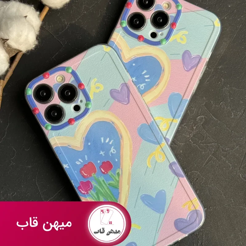 قاب موبایل آیفون نقاشی کودک درون قلبی آبی بنفش محافظ لنزدار