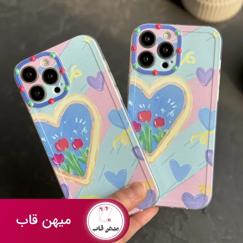 قاب موبایل آیفون نقاشی کودک درون قلبی آبی بنفش محافظ لنزدار