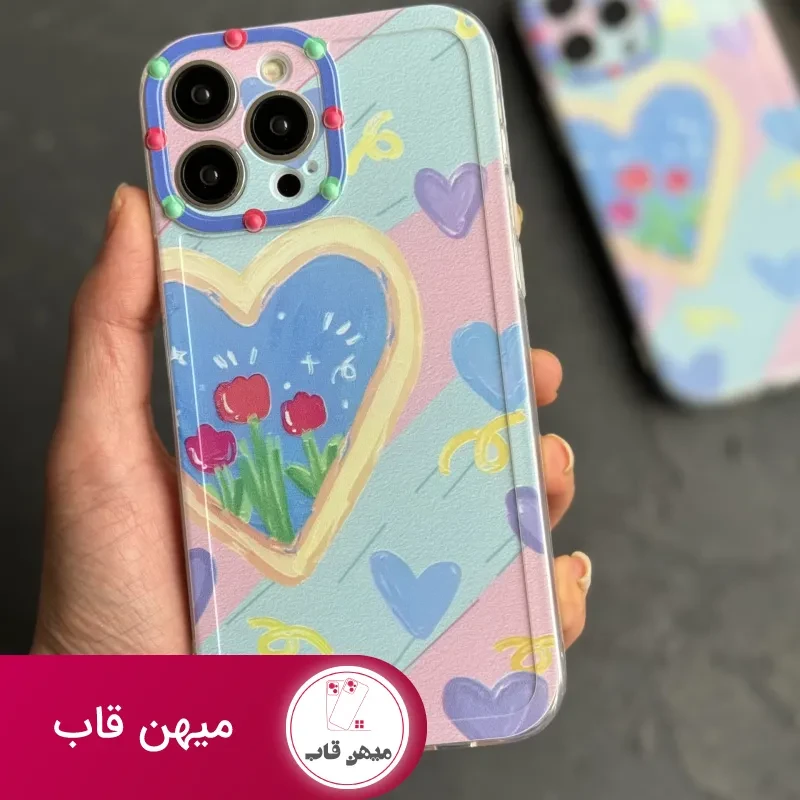 قاب موبایل آیفون نقاشی کودک درون قلبی آبی بنفش محافظ لنزدار