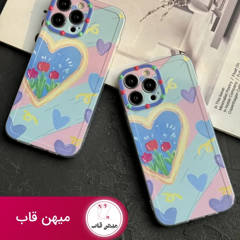 قاب موبایل آیفون نقاشی کودک درون قلبی آبی بنفش محافظ لنزدار