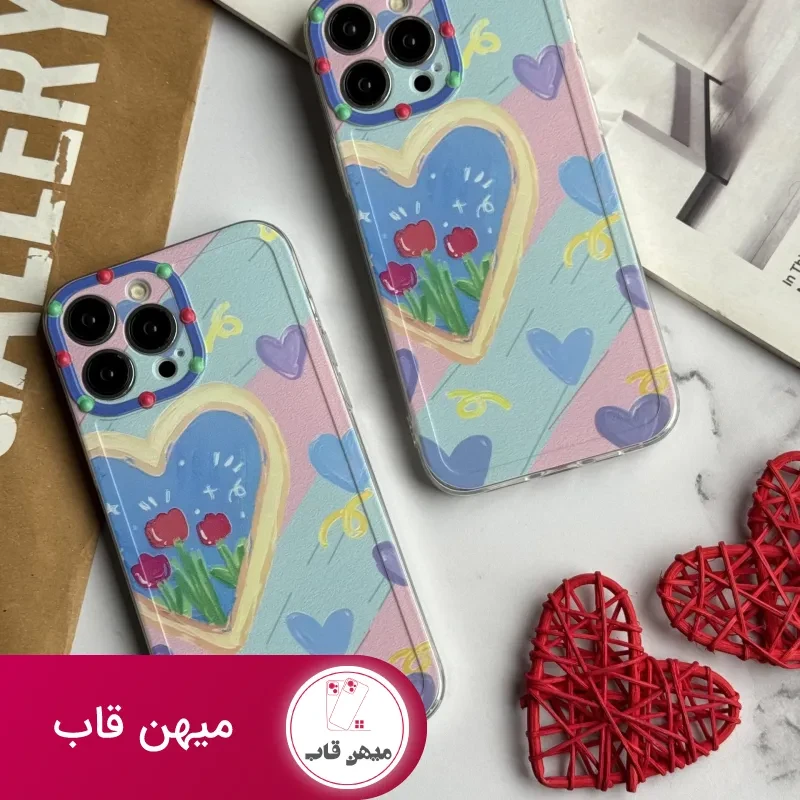 قاب موبایل آیفون نقاشی کودک درون قلبی آبی بنفش محافظ لنزدار