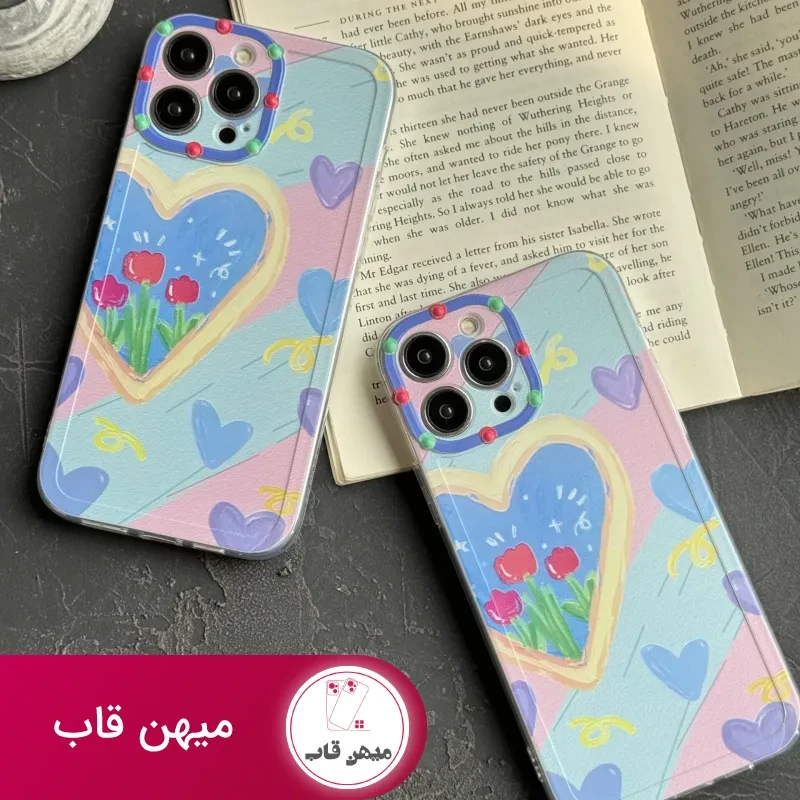 قاب موبایل آیفون نقاشی کودک درون قلبی آبی بنفش محافظ لنزدار