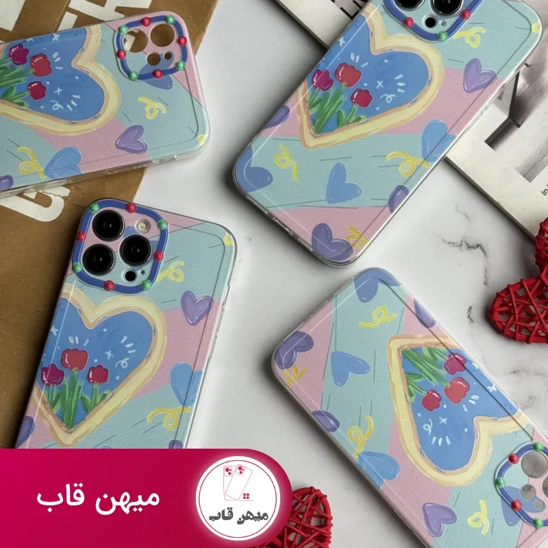 قاب موبایل آیفون نقاشی کودک درون قلبی آبی بنفش محافظ لنزدار