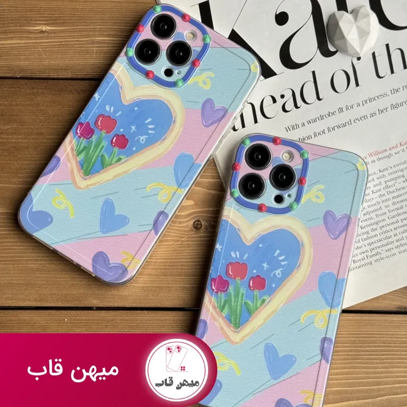 قاب موبایل آیفون نقاشی کودک درون قلبی آبی بنفش محافظ لنزدار