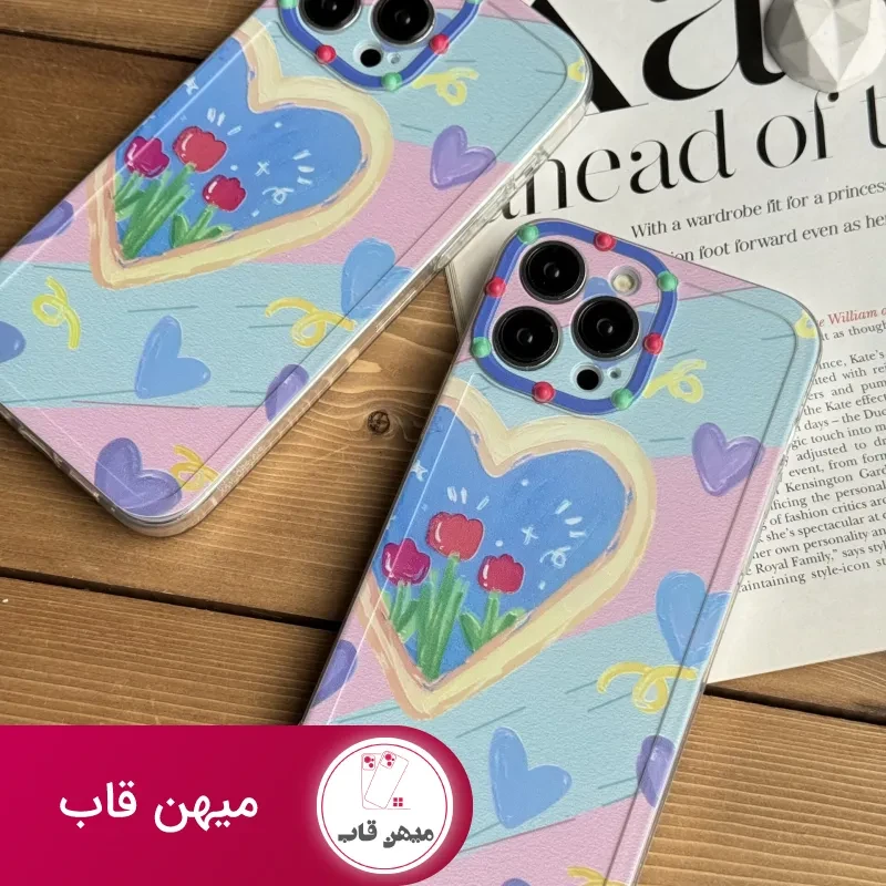 قاب موبایل آیفون نقاشی کودک درون قلبی آبی بنفش محافظ لنزدار