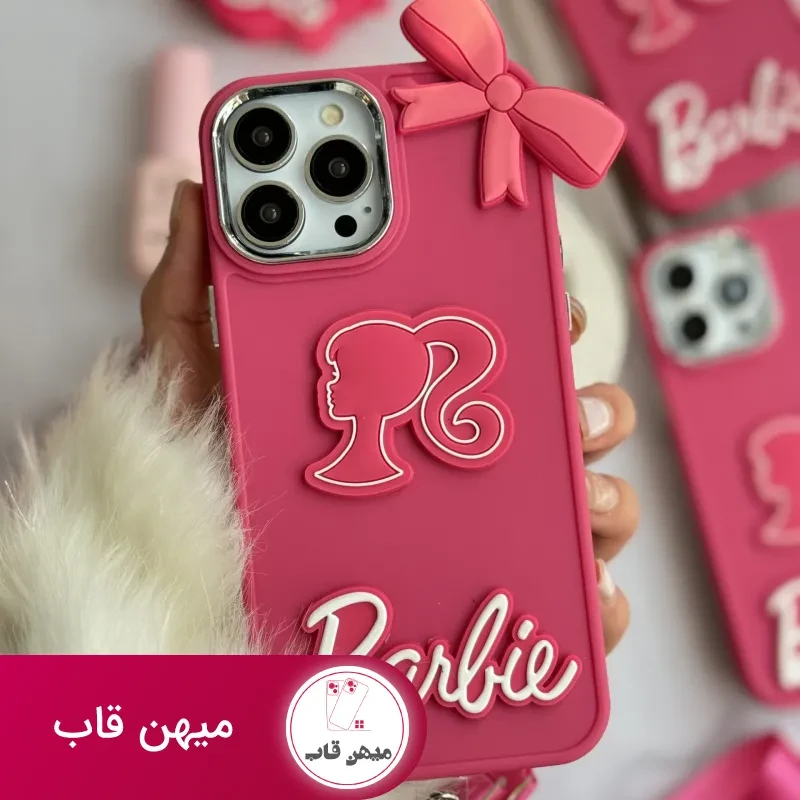 قاب موبایل آیفون باربی پاپیونی صورتی + بند بلند