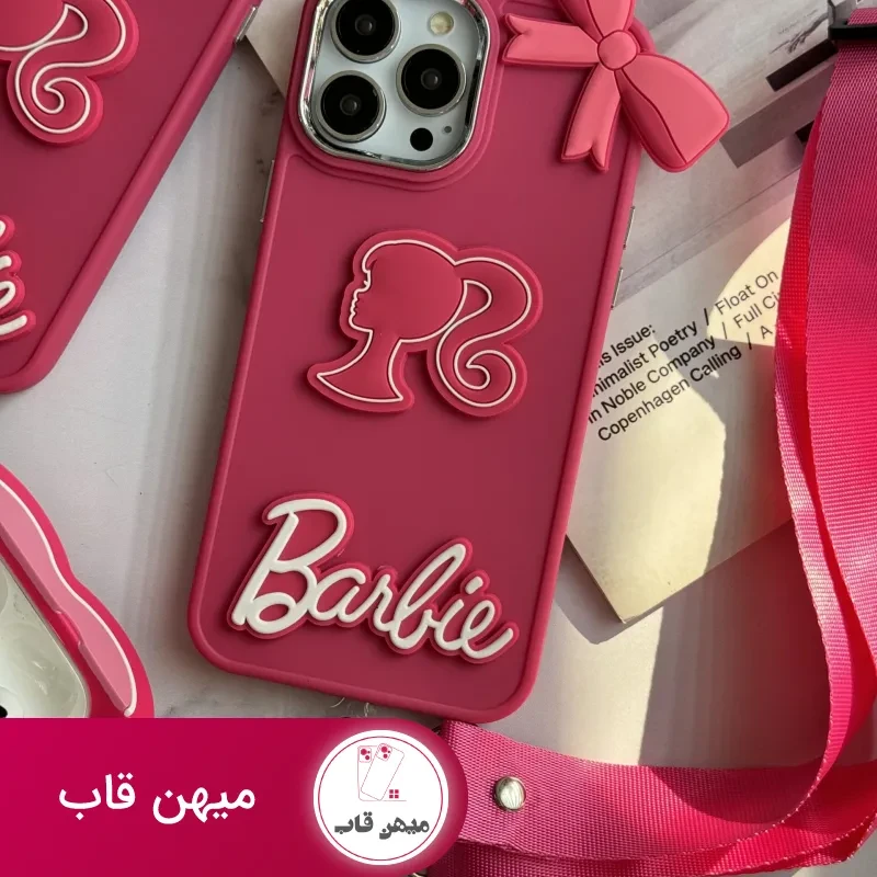 قاب موبایل آیفون باربی پاپیونی صورتی + بند بلند
