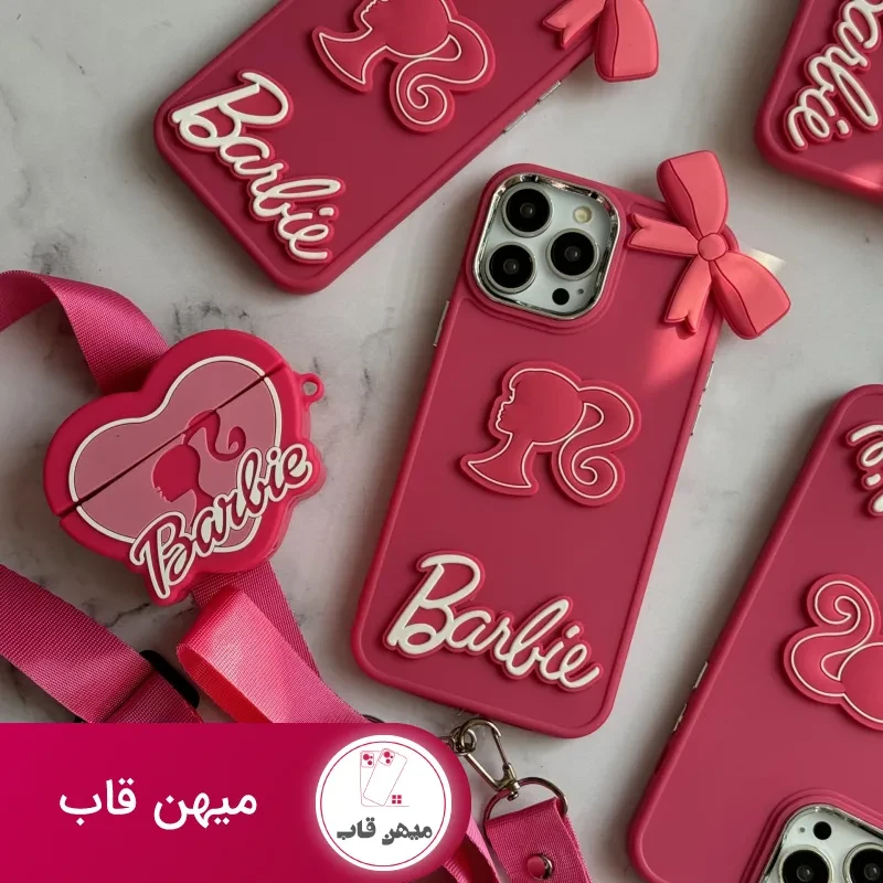 قاب موبایل آیفون باربی پاپیونی صورتی + بند بلند