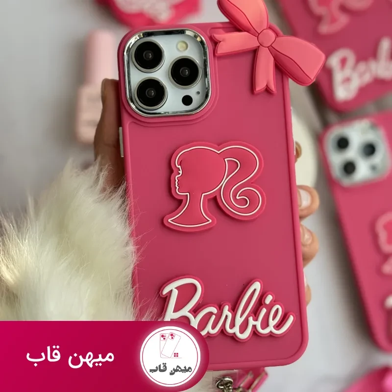 قاب موبایل آیفون باربی پاپیونی صورتی + بند بلند
