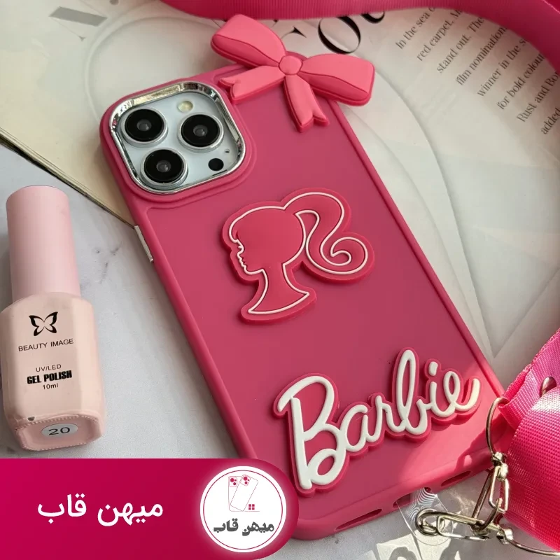 قاب موبایل آیفون باربی پاپیونی صورتی + بند بلند