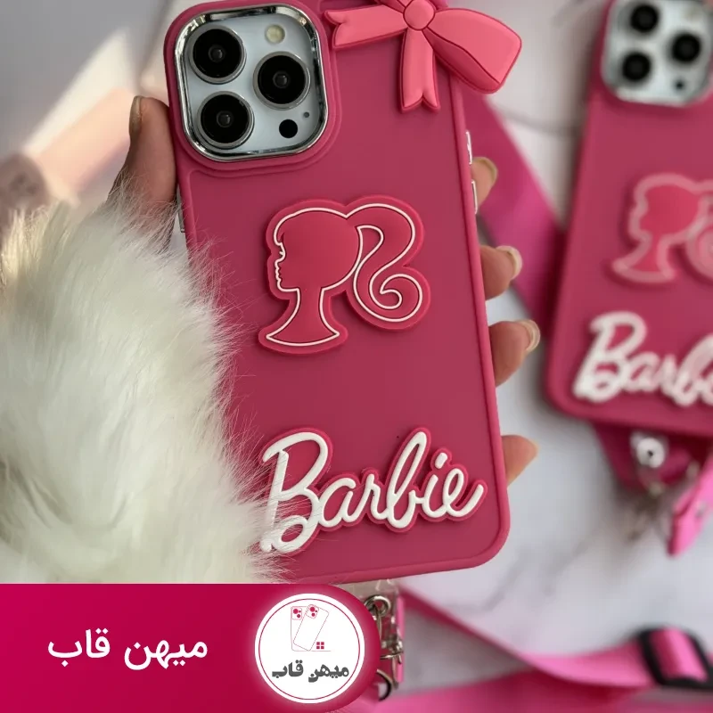 قاب موبایل آیفون باربی پاپیونی صورتی + بند بلند
