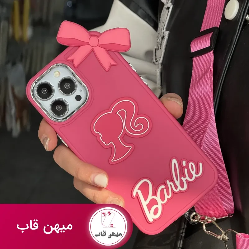 قاب موبایل آیفون باربی پاپیونی صورتی + بند بلند
