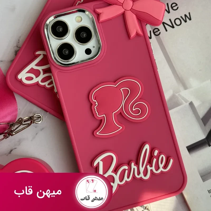 قاب موبایل آیفون باربی پاپیونی صورتی + بند بلند