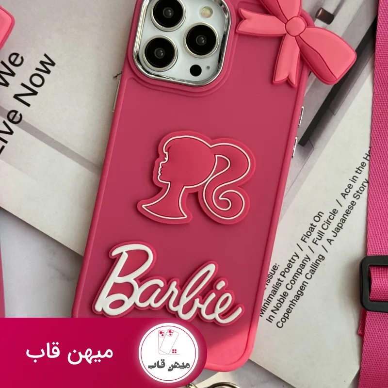 قاب موبایل آیفون باربی پاپیونی صورتی + بند بلند