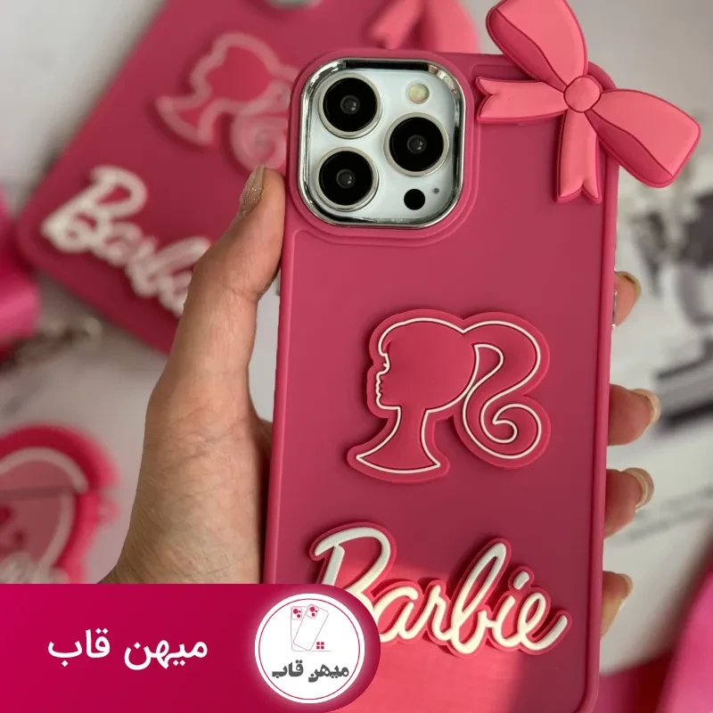 قاب موبایل آیفون باربی پاپیونی صورتی + بند بلند