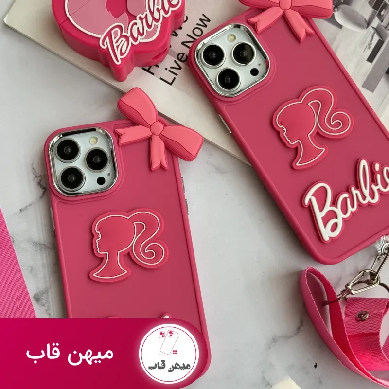 قاب موبایل آیفون باربی پاپیونی صورتی + بند بلند