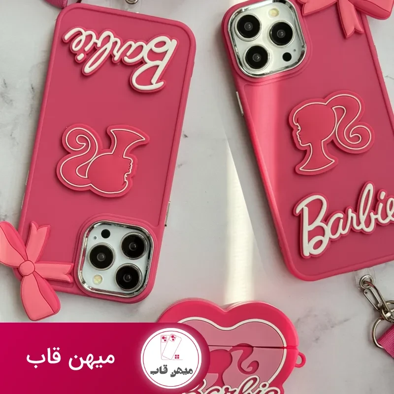 قاب موبایل آیفون باربی پاپیونی صورتی + بند بلند