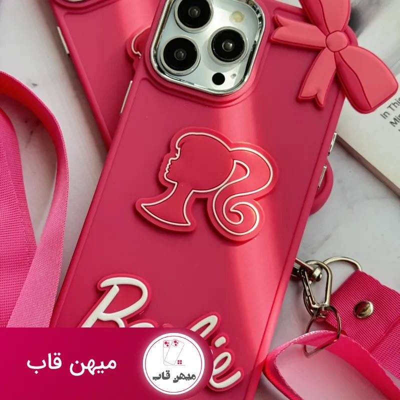 قاب موبایل آیفون باربی پاپیونی صورتی + بند بلند