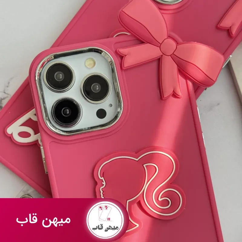 قاب موبایل آیفون باربی پاپیونی صورتی + بند بلند