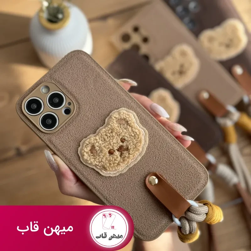 قاب موبایل آیفون خرس دوست داشتنی محافظ لنز + بندست