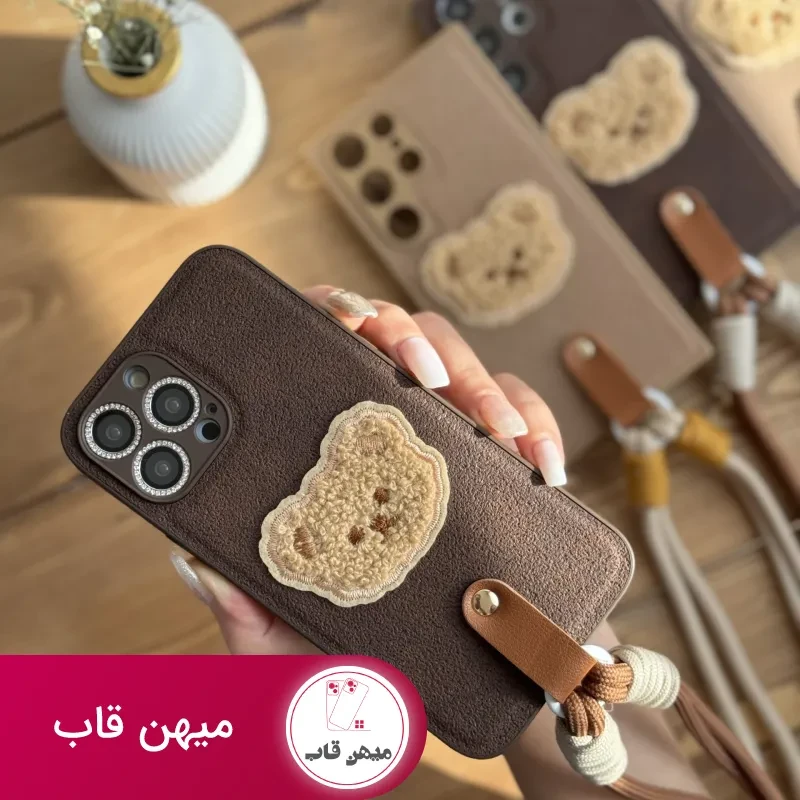 قاب موبایل آیفون خرس دوست داشتنی محافظ لنز + بندست
