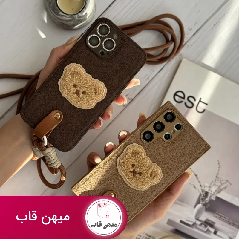 قاب موبایل آیفون خرس دوست داشتنی محافظ لنز + بندست