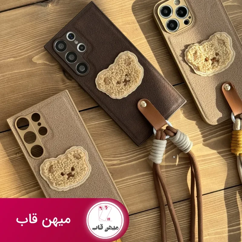 قاب موبایل آیفون خرس دوست داشتنی محافظ لنز + بندست