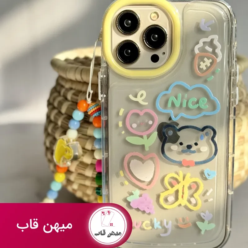 قاب موبایل آیفون خرس و پروانه نقاشی + بندست کوتاه